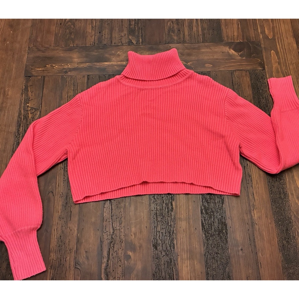 Altar'd State Hot Pink Ribbed Cropped Turtleneck Sweater Barbie Cozy Size Small - Picture 2 of 4